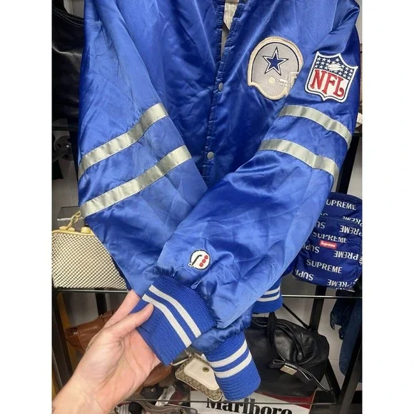 Vintage 1980s Shain Of Canada NFL Dallas Cowboys Blue Satin Bomber Jacket Size L